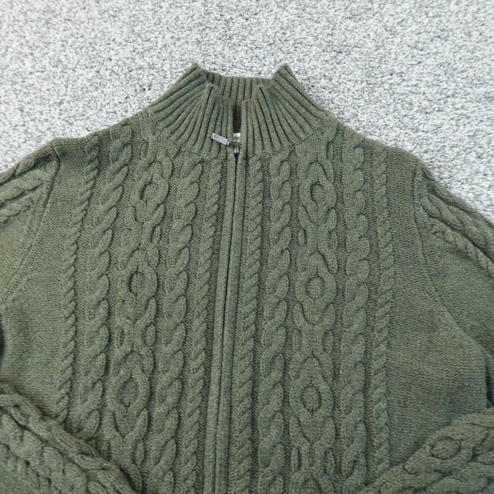LL Bean Sweater‎ Womens PS Green Aran Cable Knit Full Zip Mock Neck Cardigan